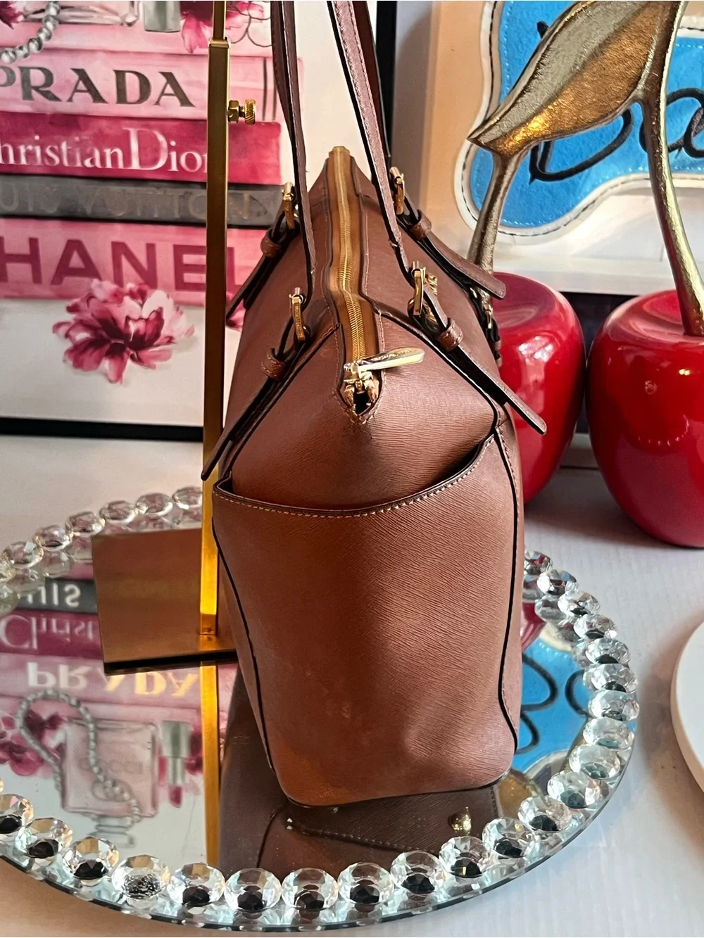 Michael Kors Brown Leather Saffiano Tote with Gold Logo Charm